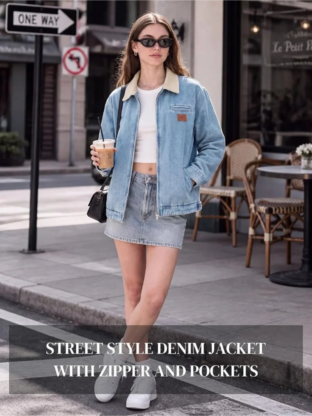 Women's Denim Blue Cropped Zip Up Denim Lightweight Casual Fall Outerwear Jacket